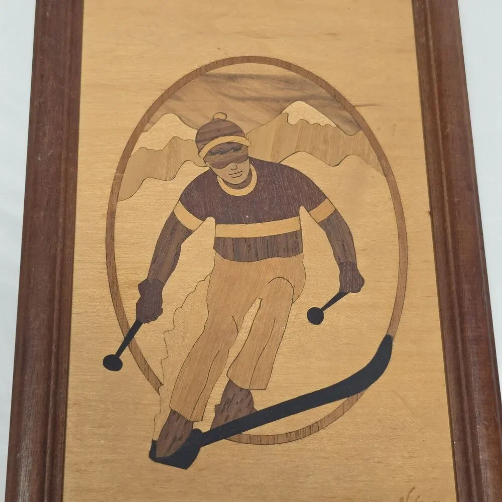 Vintage Marquetry Wood Inlay Snow Skier 6.75 X 9.75 Hudson River Signed NELSON